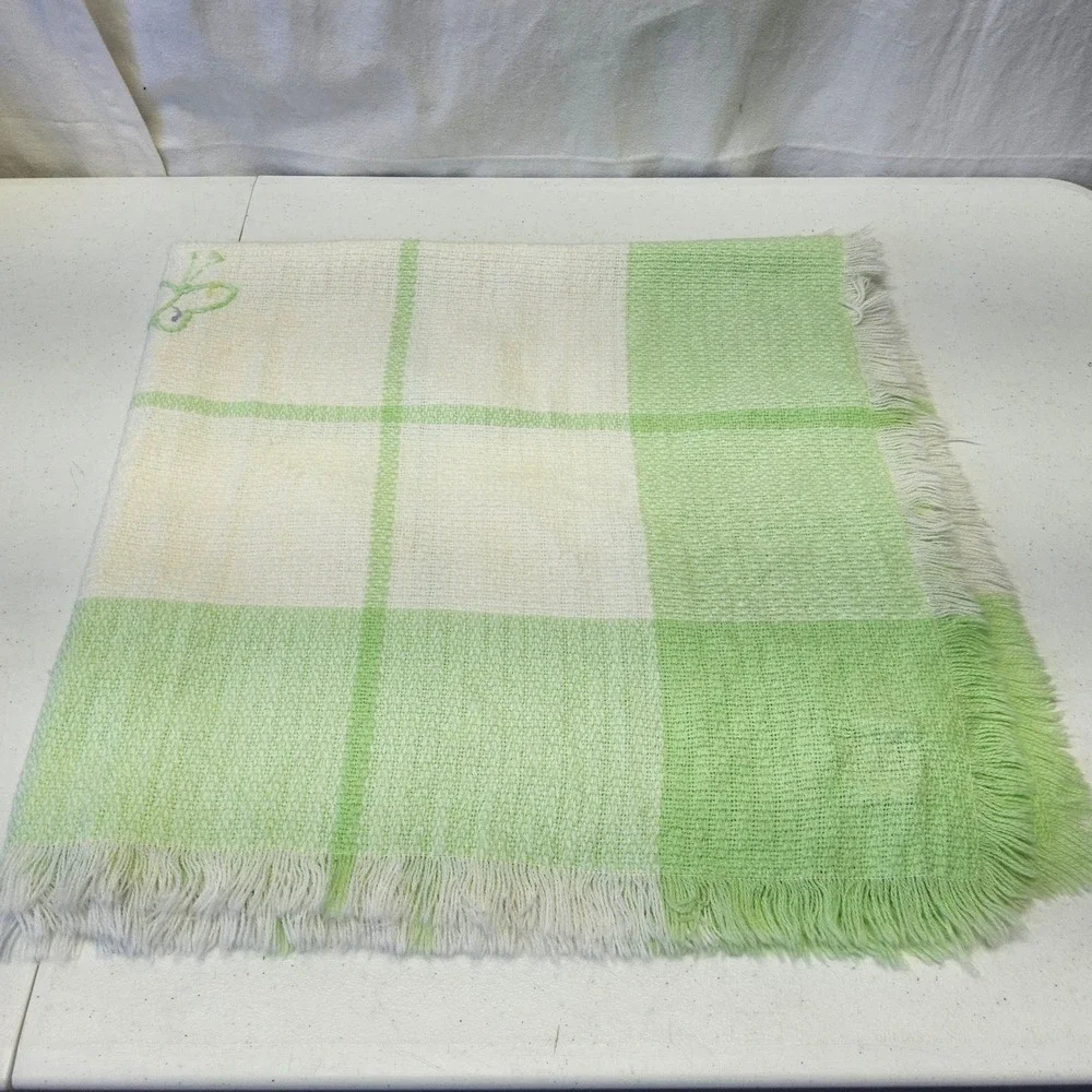 The Three Weavers Handwoven Baby Blanket Kids Green White Butterfly Plaid Fringe